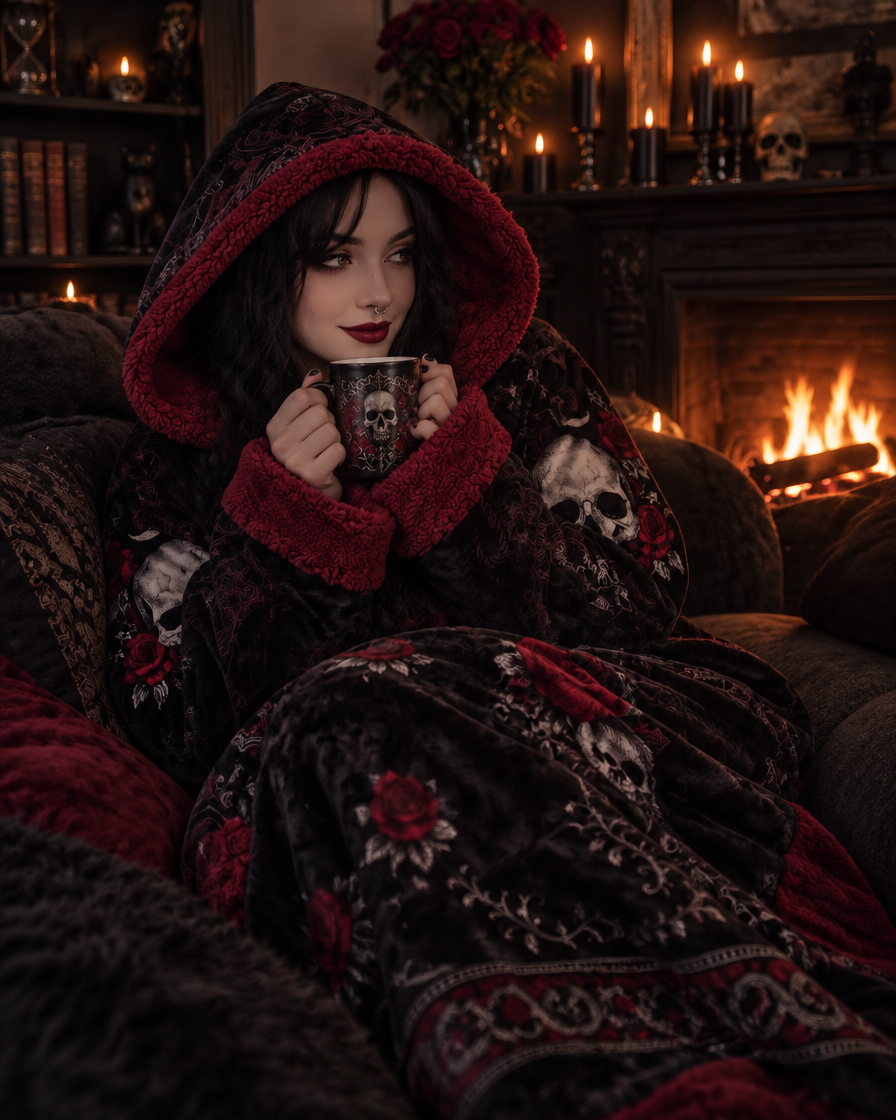 Goth woman wrapped in the heated robe by a fireplace