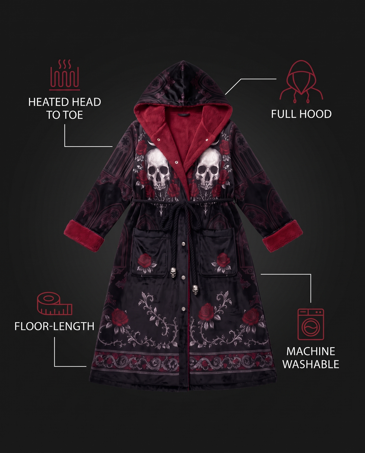 Cursed Velvet Heated Robe: heated hooded floor-length goth robe